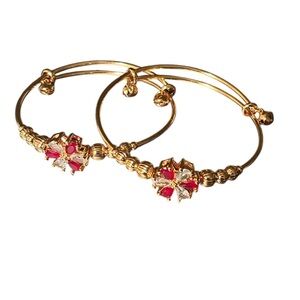 Gold Tone Women's Bangle Bracelet with  Red Floral Accents